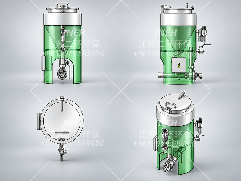 另一种圆柱形喷粉器设计的四视图效果图，可见内部锥形料斗