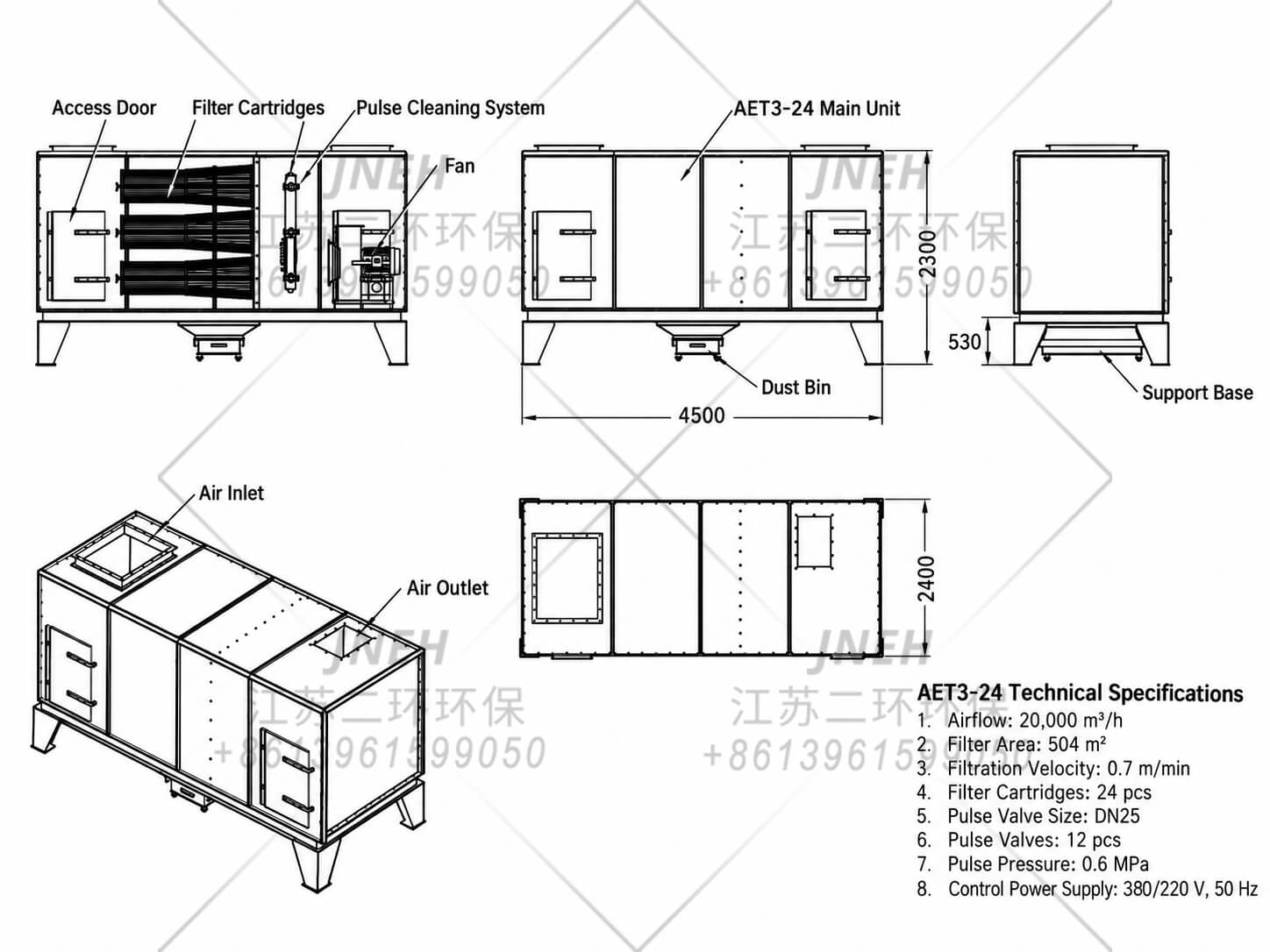 每小时 20,000 立方米一体式滤筒除尘器的对应尺寸图