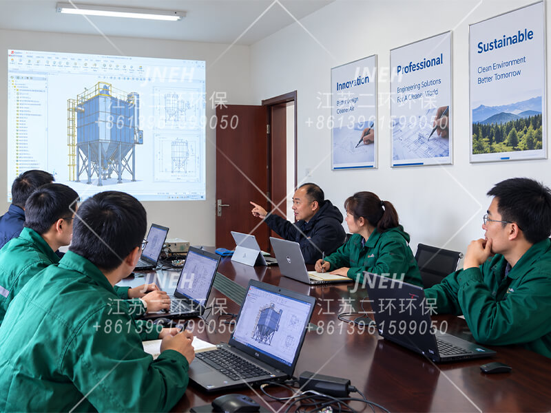 工程团队讨论工业除尘器设计图纸